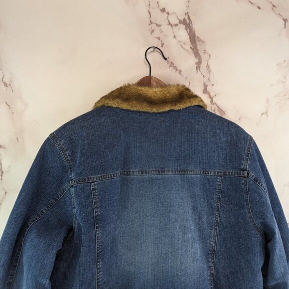 Vintage Y2K Denim Jacket Women Large Faux Fur Trim Crop Penny Lane Coat Mob - Picture 6 of 10